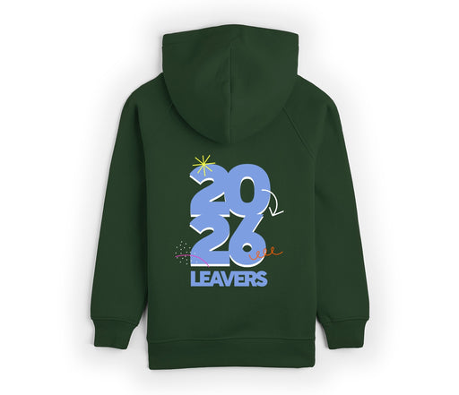 Leavers Hoodie 2025 - Bottle Green, featuring a bold 20/26 LEAVERS graphic with decorative elements on the back. Made from a soft, durable cotton-polyester blend.