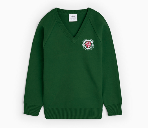V-Neck Pullover - Bottle Green with logo, featuring classic raglan sleeves, crafted from a soft blend of cotton and acrylic for durability and comfort.