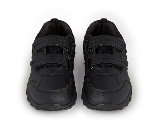 Boys Shoes: Black synthetic sporty shoes with touch fastening, padded collar, mesh tongue, and durable outsole, designed for comfort and protection.