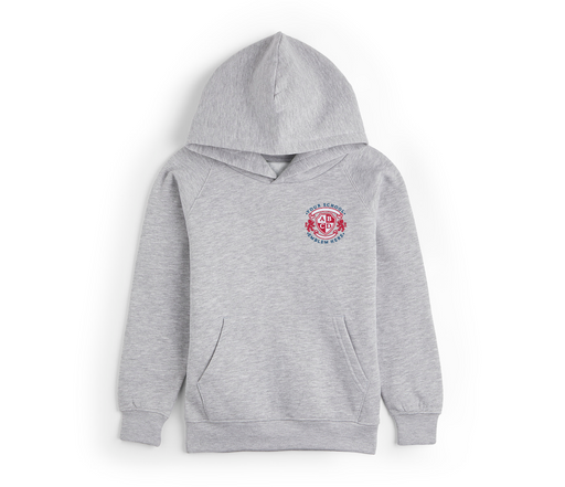 Leavers Hoodie 2025 - Grey, featuring a logo, drop shoulder style, front pocket, and durable twin-needled neck, cuffs, and hems.