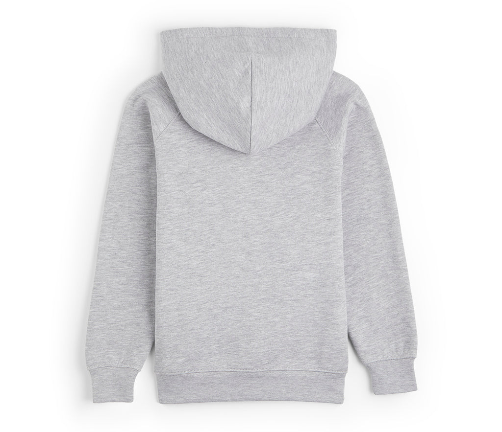 Grey hoodie featuring a hood, front pocket, and drop shoulder style with durable twin-needled neck, cuffs, and hems. Comfortable 300gsm cotton-rich fabric.
