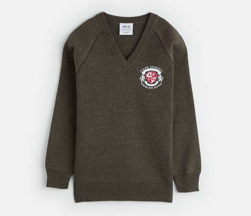 V-Neck Pullover - Grey with logo, featuring raglan sleeves and a soft texture from a cotton-acrylic blend, showcased on a mannequin.