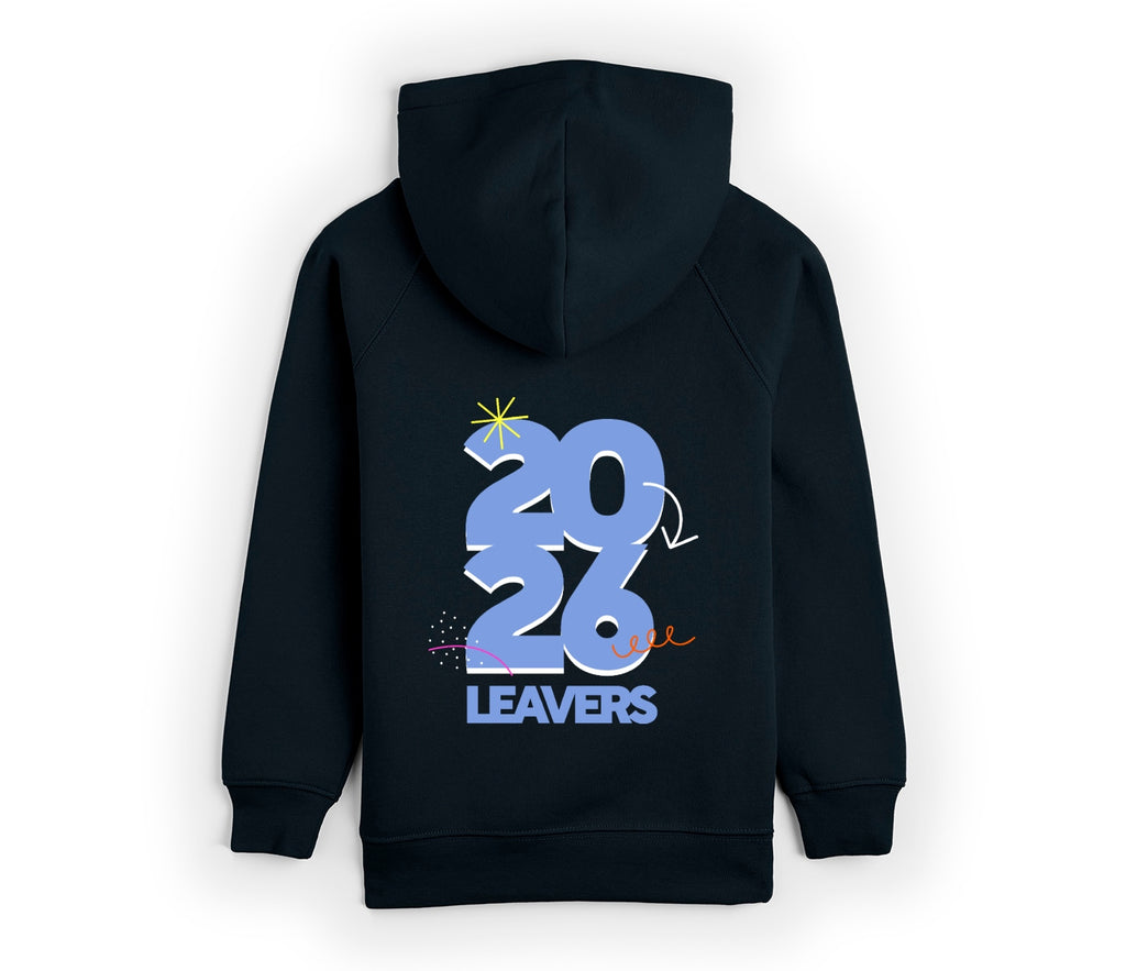 Leavers Hoodie 2026 - Navy Blue with bold “2026” graphic and “LEAVERS” text, featuring playful accents, drop shoulder style, and front pocket.