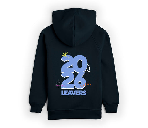Leavers Hoodie 2026 - Navy Blue with bold “2026” graphic and “LEAVERS” text, featuring playful accents, drop shoulder style, and front pocket.