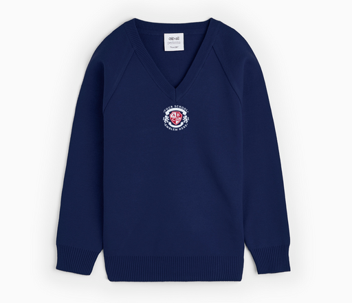 V-Neck Pullover - Navy (Centre Logo) featuring a classic raglan sleeve design. Made from a cotton-acrylic blend, showcasing a central logo on the front.