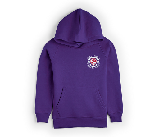 Leavers Hoodie 2025 - Purple, featuring a front pocket and a logo. Made from durable cotton-polyester blend, designed in a comfortable drop shoulder style.