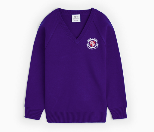 V-Neck Pullover - Purple featuring a logo, classic raglan sleeves, and a soft texture, showcasing its blend of cotton and acrylic for durability.