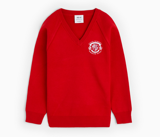 V-Neck Pullover - Red featuring a logo, classic raglan sleeves, and a white label, crafted from a 50% cotton, 50% acrylic blend for lasting softness.