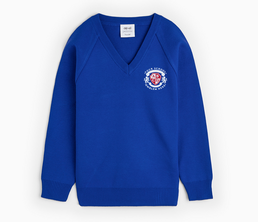 V-Neck Pullover - Royal Blue with a logo, featuring classic raglan sleeves, crafted from a soft cotton-acrylic blend for lasting comfort.