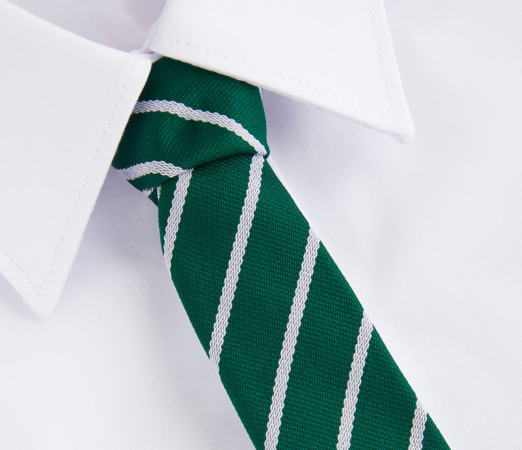 Pool Hayes Primary School Elastic Tie featuring white stripes on a green background, designed for students, made of polyester for durability.