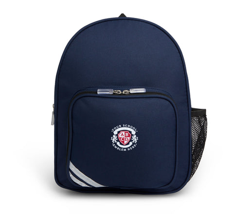 Primary Rucksack - Navy featuring a white logo, front zipped compartment, and two net side pockets, with padded shoulder straps and a carry handle.