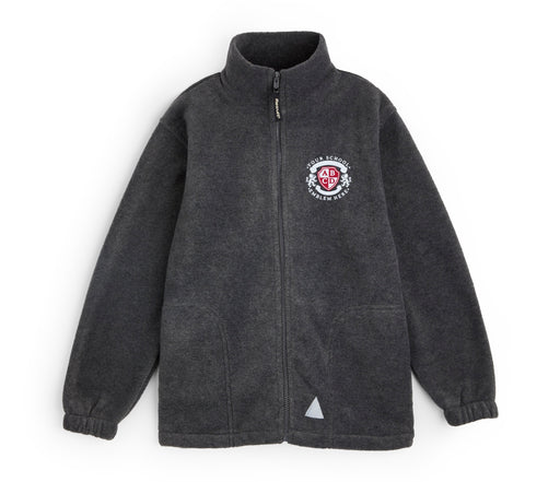Black jacket with embroidered logo, featuring full front zip and adjustable hem, designed for durability and comfort as the Result Fleece - Grey.