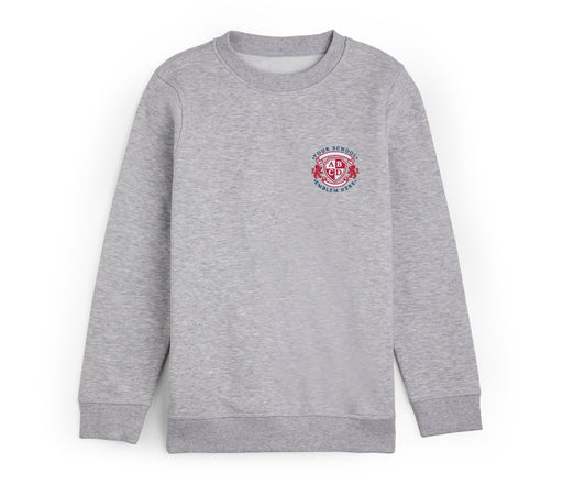 Round Neck Sweatshirt - Grey with long sleeves, featuring an embroidered school logo, designed for comfort and durability, suitable for schoolwear.