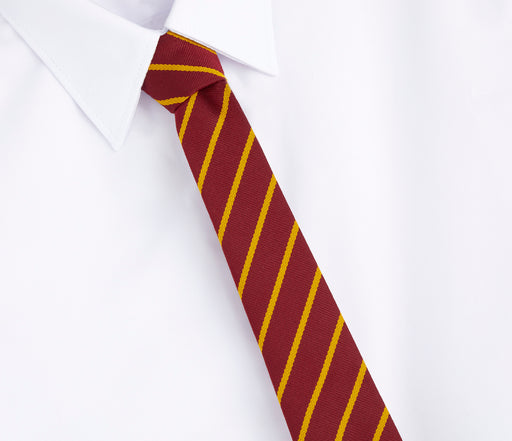 Christ The King Catholic Primary School Clip-on Tie featuring a close-up view of its red and yellow stripes, ideal for students’ uniforms.