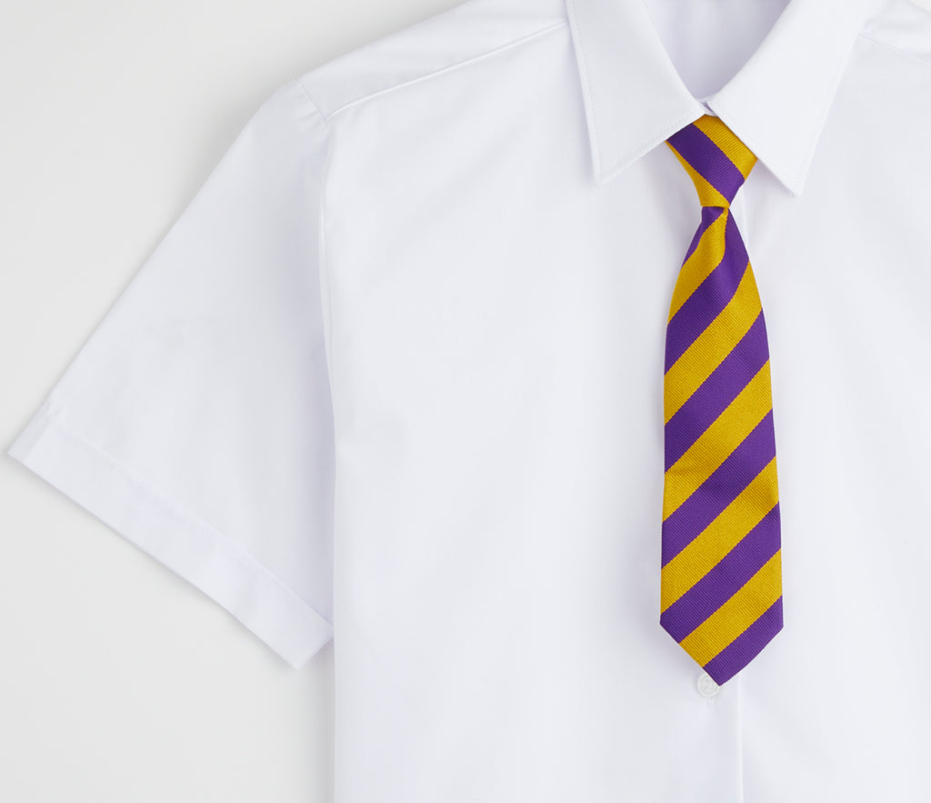 Burleigh Primary School Clip-on Tie featured on a white shirt; polyester material, with a close-up highlighting the tie's design and easy clip-on functionality.
