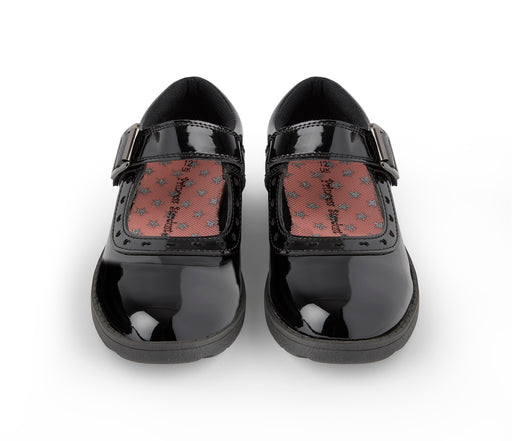 Girls' shoes with a glossy finish, featuring a buckle strap and glitter stars on the sole, designed for comfort with padded lining.
