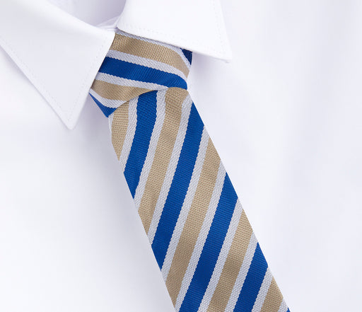 Marylebone Boys’ School Tie, featuring a close-up of a neatly arranged necktie, emphasizing its classic striped design, suitable for school attire.