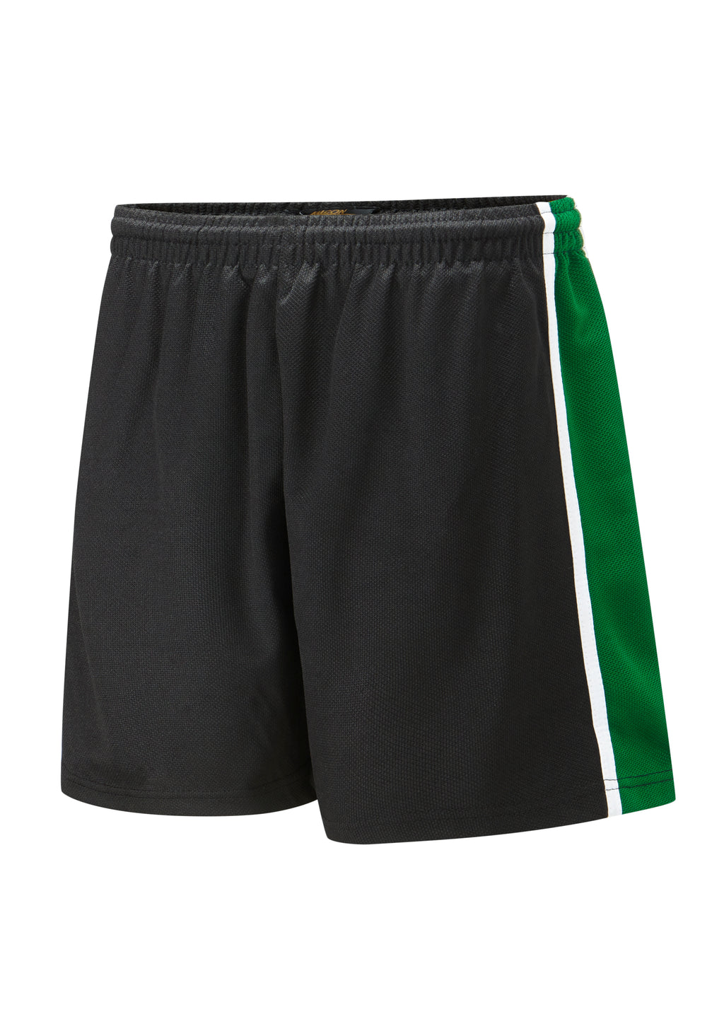 SPIRIT Panelled Sports Short featuring black mesh with green side panels and white stripes, elastic waistband with drawcord, designed for enhanced movement.