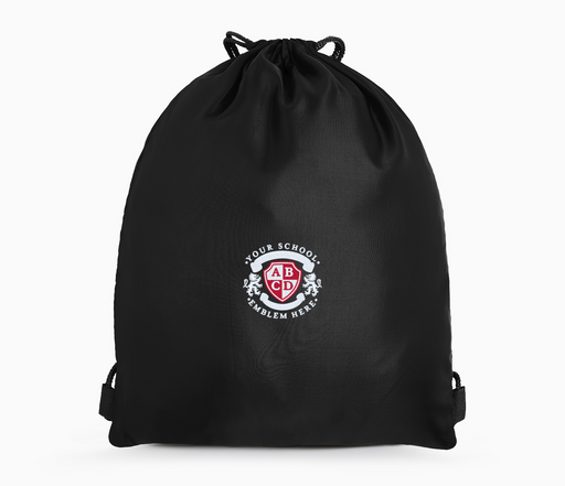 PE Bag - Black: A black drawstring bag featuring a red and white logo, with a drawstring closure and a plastic name pocket for school use.
