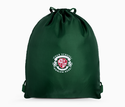 PE Bag - Bottle Green: A green drawstring bag featuring a logo, ideal for school use with a plastic name pocket and customizable embroidery.