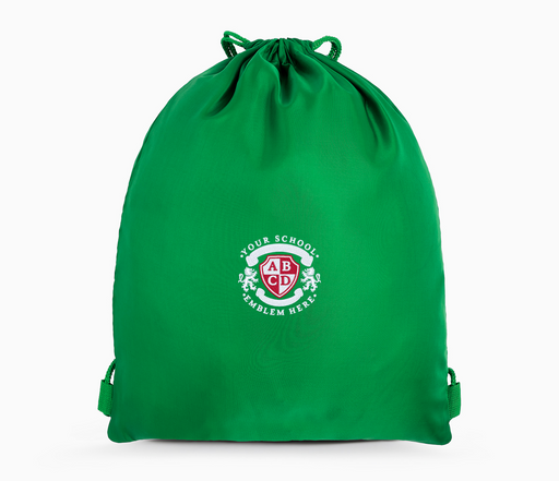 PE Bag - Emerald Green: A practical drawstring bag with a logo, ideal for school PE kits, featuring a front plastic name pocket.