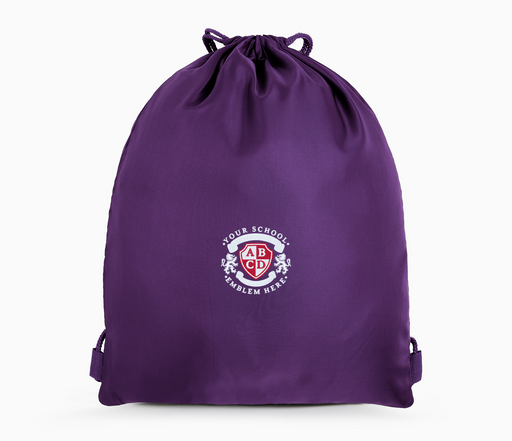 PE Bag - Purple with a logo, drawstring closure, and plastic name pocket, ideal for school use, measuring 43cm by 33cm.