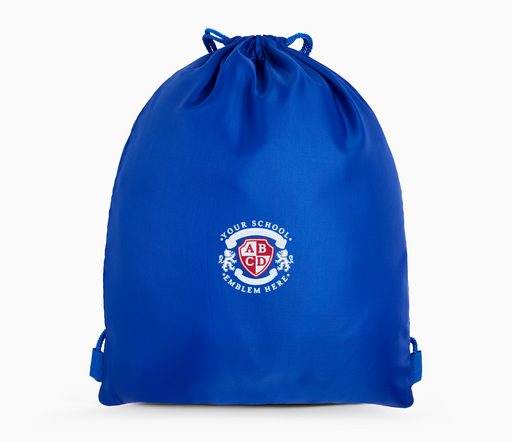 CSET PE Bag - Royal Blue: A drawstring backpack with a cinch-top closure, featuring a placeholder school emblem and a front plastic name pocket.