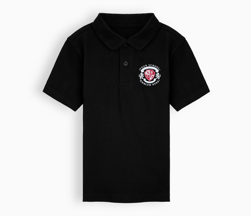 Black Polo Shirt - features a logo, made from 100% cotton, stain repellent, retains color, and is approved for ~SCHOOLNAME~ embroidery.