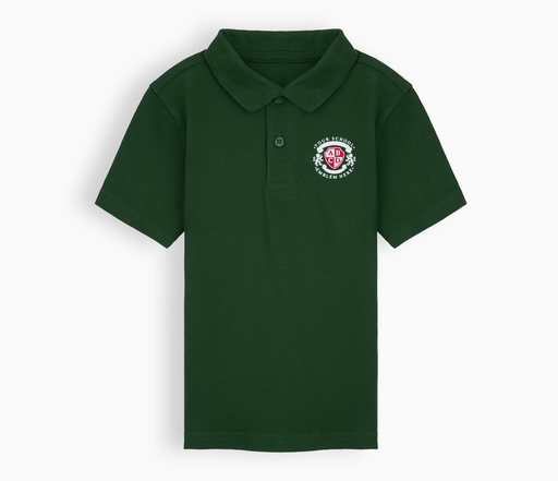 Bottle green polo shirt featuring an embroidered logo, crafted from 100% cotton. Durable, stain repellent, and colorfast, ideal for ~SCHOOLNAME~ attire.