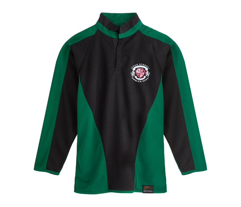 SPIRIT Fully Reversible Sports Top featuring a quarter-zip design, black with green accents, school crest, and woven hem label, crafted from durable 100% Polyester.