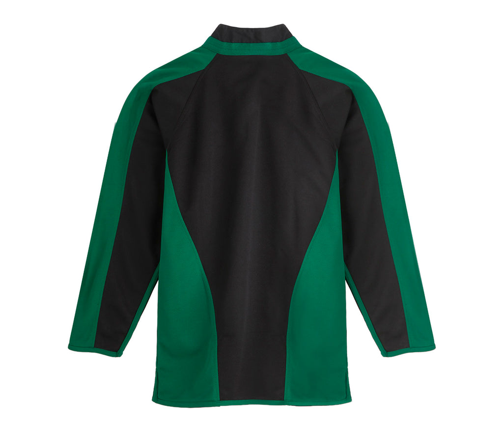 Back view of the SPIRIT Fully Reversible Sports Top, featuring black main panels, green side and sleeve panels, and a small stand-up collar.