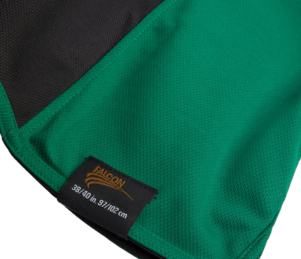 SPIRIT Fully Reversible Sports Top - Black/Emerald, featuring a mesh design, woven FALCON label, ProActive Airmesh, and a small grandad collar with a single button.