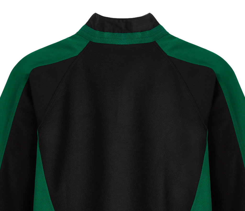 SPIRIT Fully Reversible Sports Top - Black/Emerald, featuring black body with green shoulder panels, stand-up collar, and reversible design for a contrasting look.