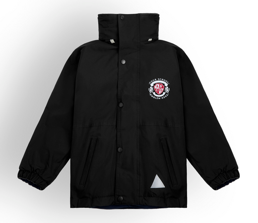 Winter Coat - Black with logo, waterproof and windproof, featuring a zip-through collar, reflective triangles, and a concealed hood. Ideal for all-weather protection.