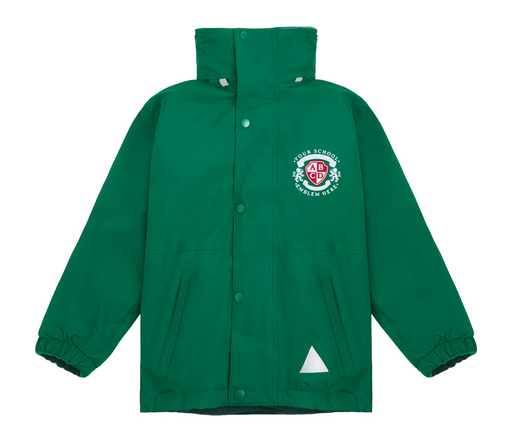 Winter Coat - Bottle Green with white logo, featuring a hood, zip closure, and reflective triangles, designed for weatherproof comfort with sustainable, recycled materials.