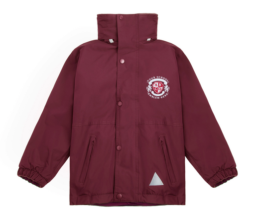 Winter Coat - Burgundy featuring a logo, waterproof fabric, reflective triangles, and a full zip with a storm flap. Ideal for all-weather protection.