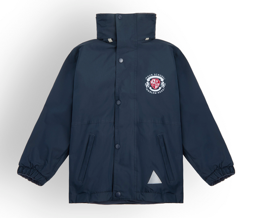 Winter Coat - Navy with logo, waterproof, breathable, windproof, featuring reflective triangles, full zip, storm flap, concealed hood, and zip closing pockets.