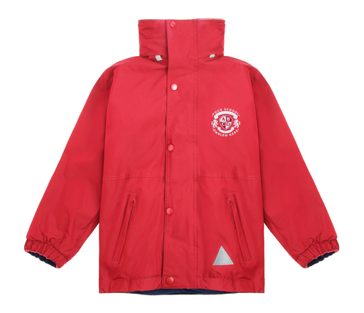 Winter Coat - Red with logo, featuring a hood, full zip, and reflective triangles; crafted from sustainable, waterproof, and windproof materials for all-weather protection.