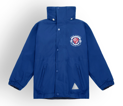 Winter Coat - Royal Blue featuring a logo, waterproof and windproof with a full zip, reflective triangles, and zip side pockets, made from recycled fabrics.