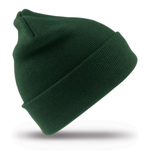 Plain Woolly Ski Hat - Bottle Green, a heavy-knit children's beanie, featuring a close-up of its soft touch acrylic fabric and double thickness design.
