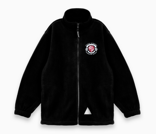 Result Fleece - Black featuring a logo, full zip, adjustable hem, and elasticated cuffs; designed for warmth and durability with two large pockets.