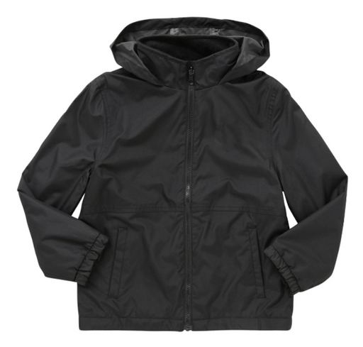 Plain Reversible Fleece Jacket - Black, featuring a hood, elasticated cuffs, and two pockets, designed as shower resistant with a zip-through closure.