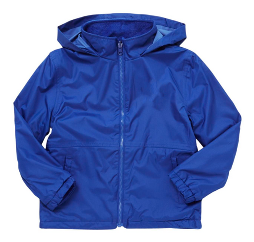 Plain Reversible Fleece Jacket - Bright Royal Blue, featuring a hood, zipper, two pockets, and elasticated sleeves, visible as a shower-resistant outerwear piece.