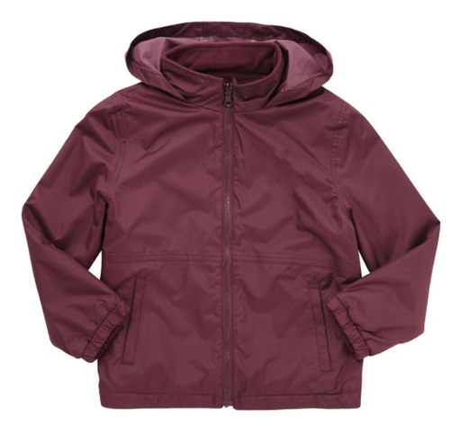 Plain Reversible Fleece Jacket - Burgundy featuring a hood, zip-through design, elasticated cuffs, and two pockets, showcasing its reversible fleece and shower-resistant functionality.