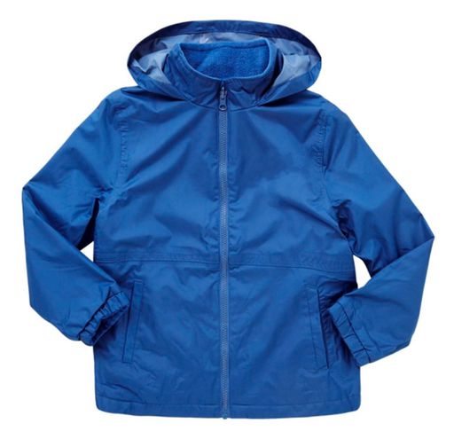 Plain Reversible Fleece Jacket - Royal Blue with hood, elasticated cuffs, two pockets, and zip-through design; fully reversible for fleece or shower-resistant wear.