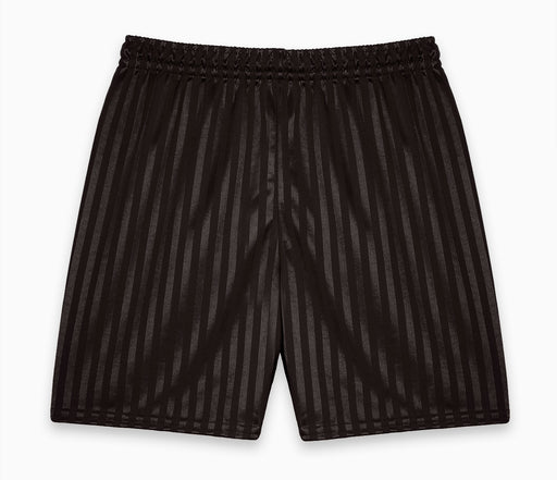 Shadow Stripe Shorts - Black featuring a fully elasticated waist with a self-coloured drawstring and subtle self-striped design, highlighted in a close-up view.