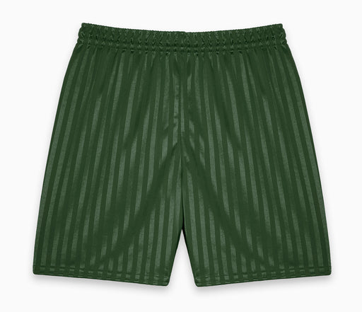 Shadow Stripe Shorts - Bottle Green featuring white stripes, close-up on self-striped green fabric, with an elasticated waist and matching drawstring for a comfortable fit.