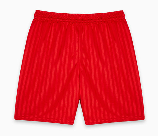 Shadow Stripe Shorts - Red, featuring self-striped design, fully elasticated waist, and matching drawstring, showcasing a close-up of the red fabric texture.