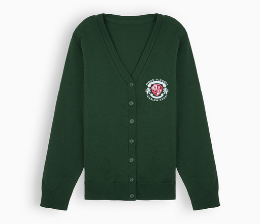Lightweight Straight Edge Cardigan - Bottle Green featuring a school logo, ribbed trims, button-fastening, and cotton fabric for comfort.
