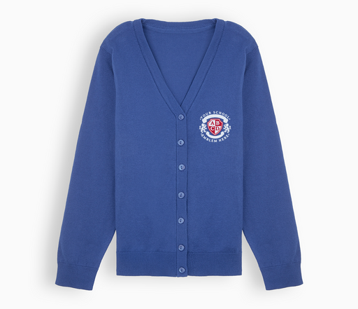 Lightweight Straight Edge Cardigan - Bright Royal Blue, featuring a v-neck, button-through front, ribbed trims, and embroidered school logo, made from cotton for durability.